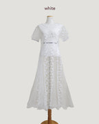 puff sleeve sheer lace long dress
