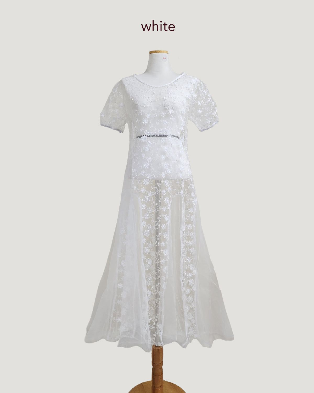 puff sleeve sheer lace long dress