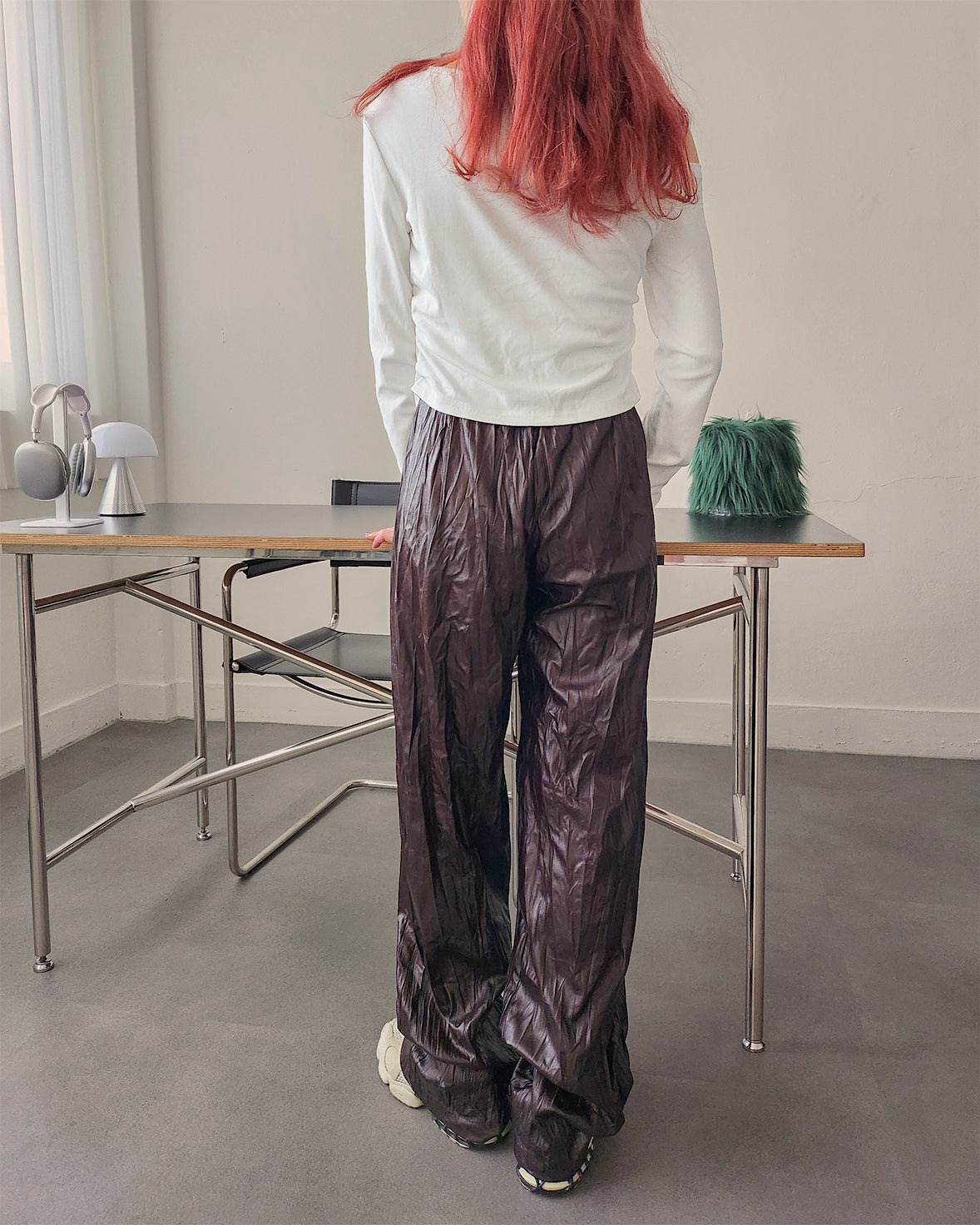 wrinkle faux leather wide pants