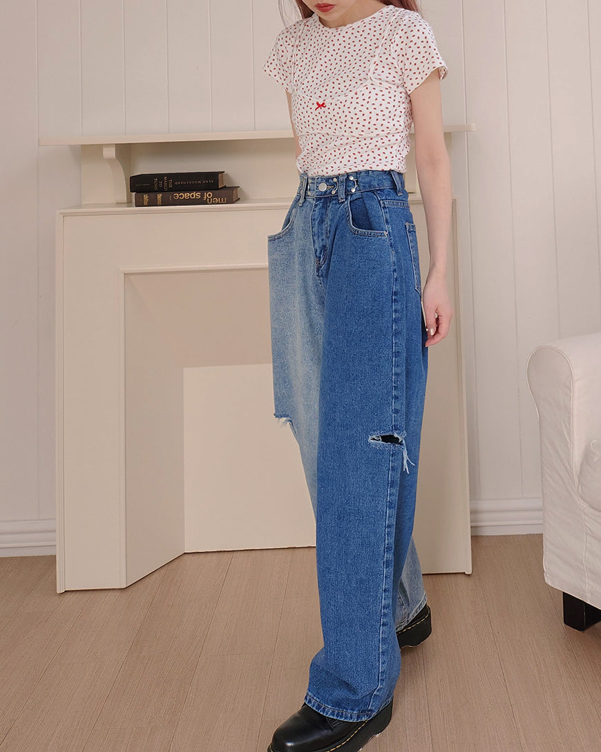 side ripped switching denim