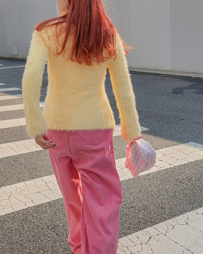 V neck shaggy knit cardigan