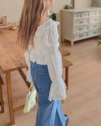 off shoulder shirring flared sleeves blouse