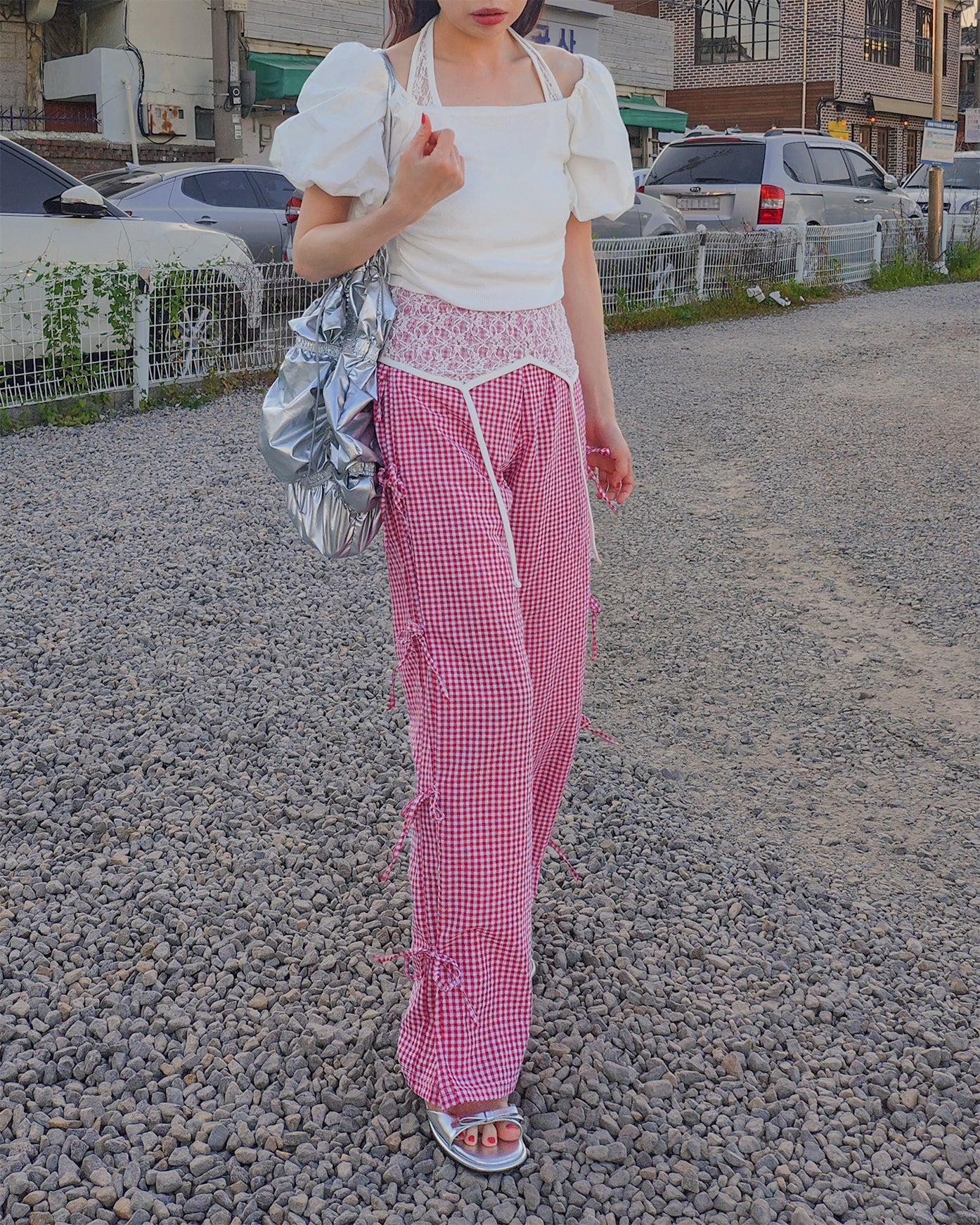 gingham check ribbon pants