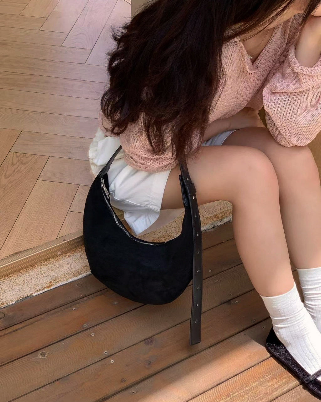 faux suede half moon bag