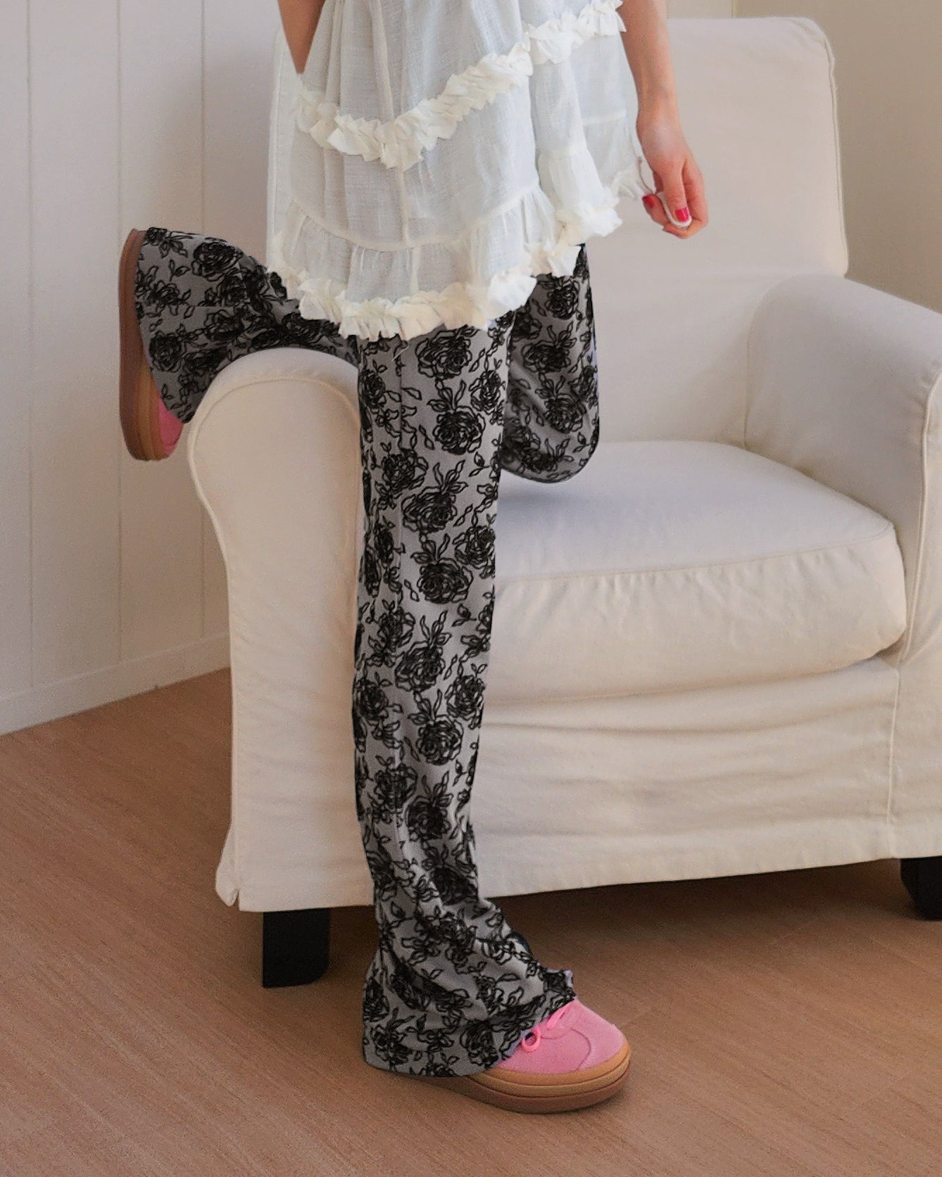 rose pattern boot cut pants
