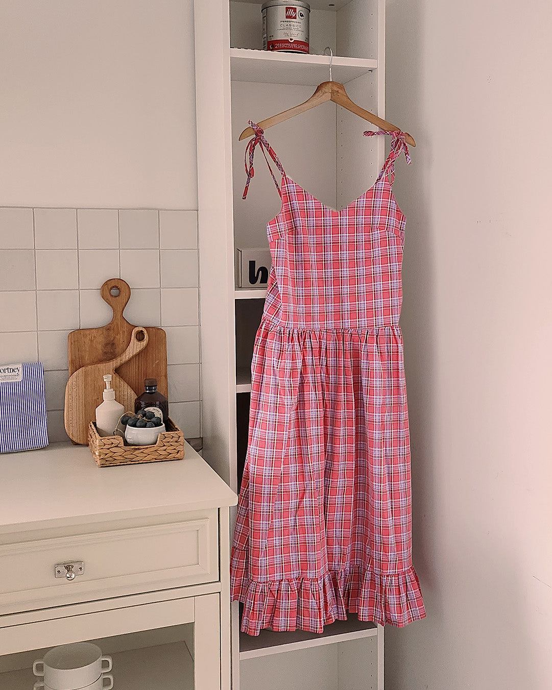 check frill belt long dress