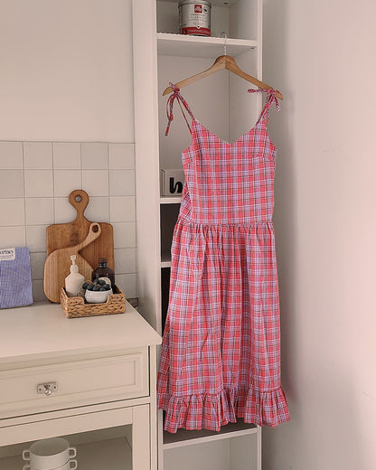 check frill belt long dress