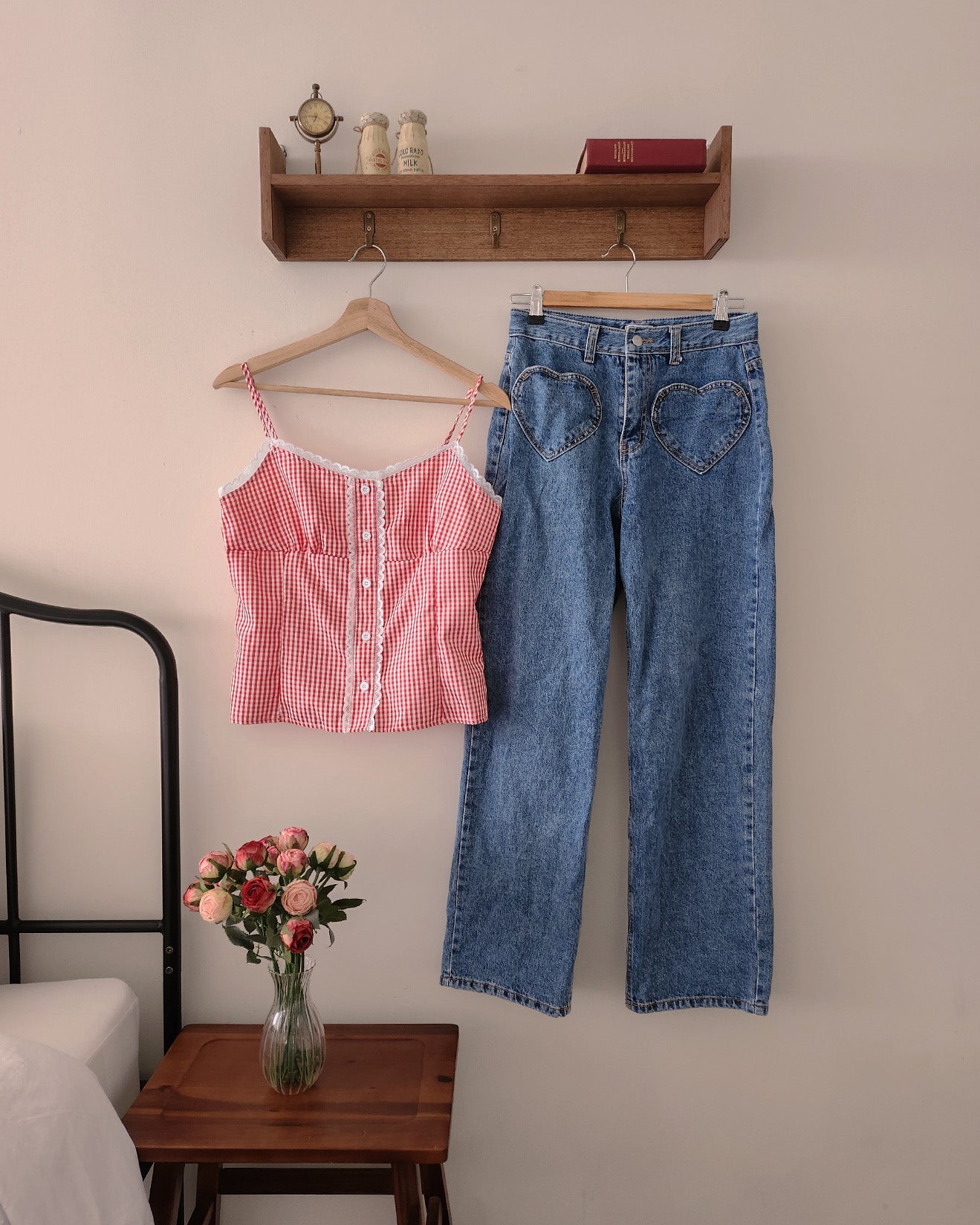 gingham check lace point camisole blouse