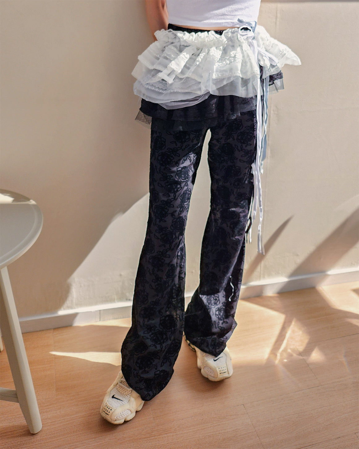 rose pattern boot cut pants