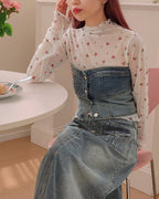 rose pattern sheer high neck T