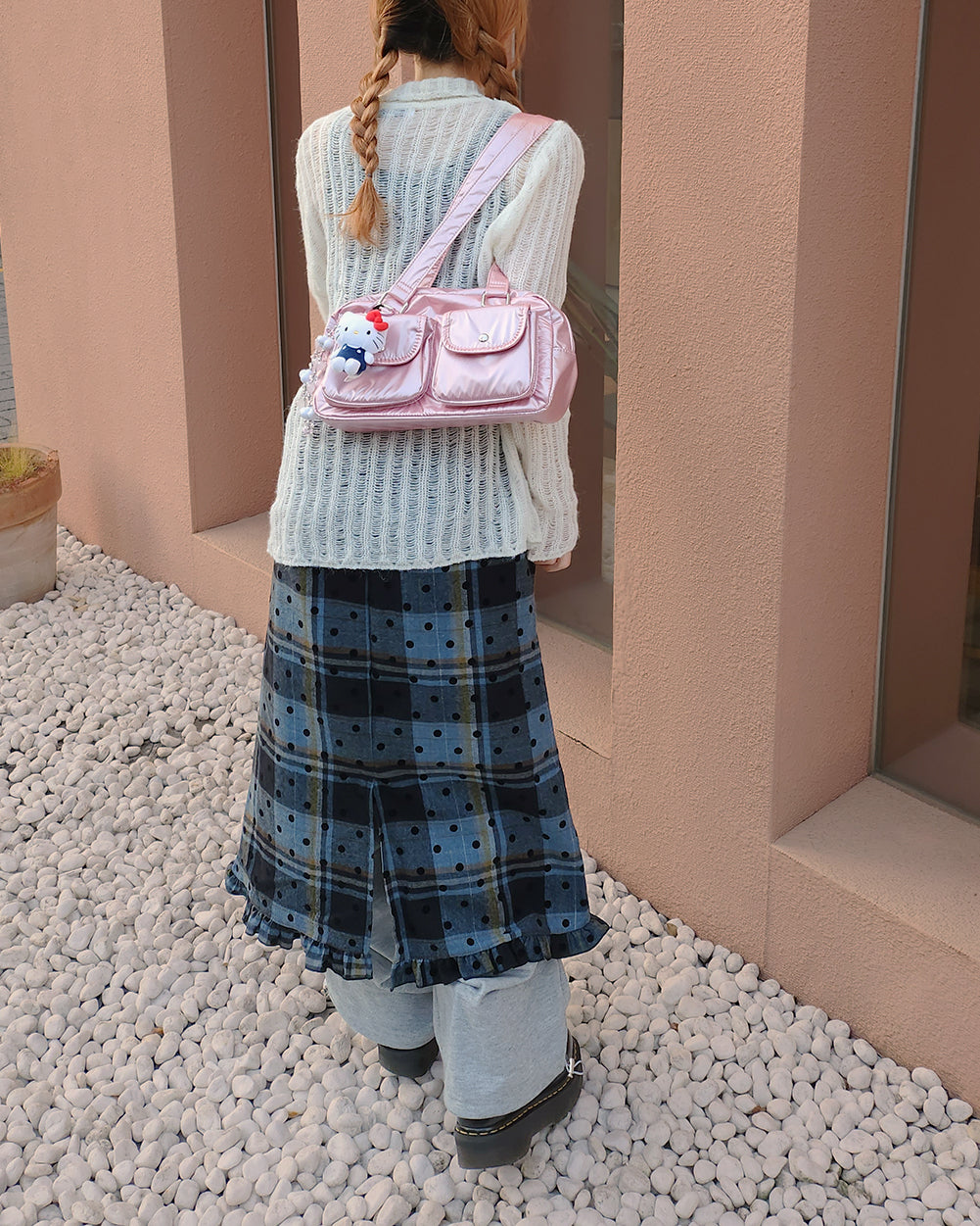 dot check frill middle skirt