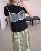 dot puff sleeve collar T