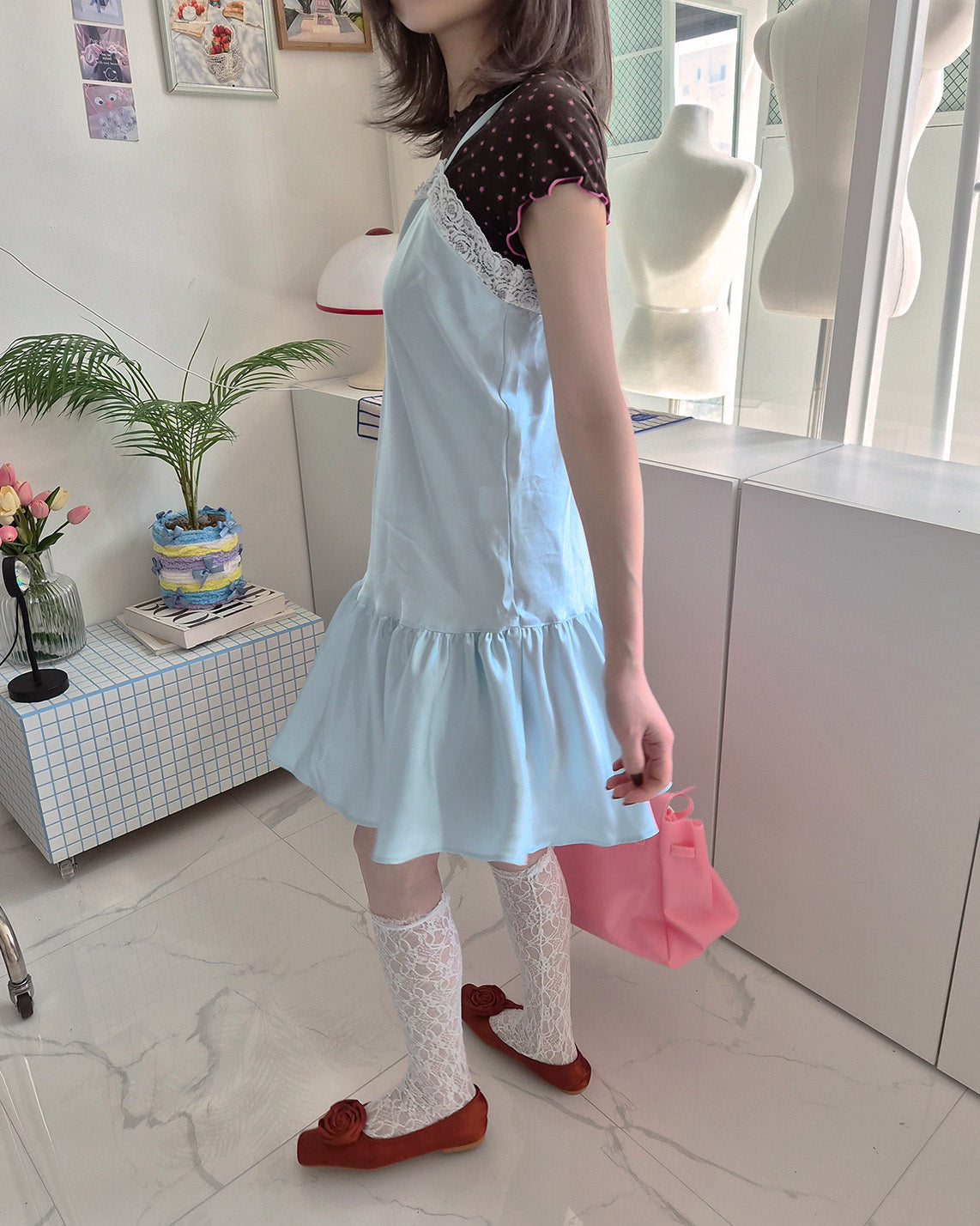 lace satin flare mini dress