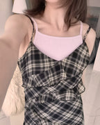 check frill long dress