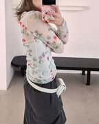 blurred flower sheer long sleeve T