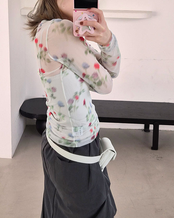 blurred flower sheer long sleeve T