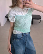 dot puff sleeve collar T