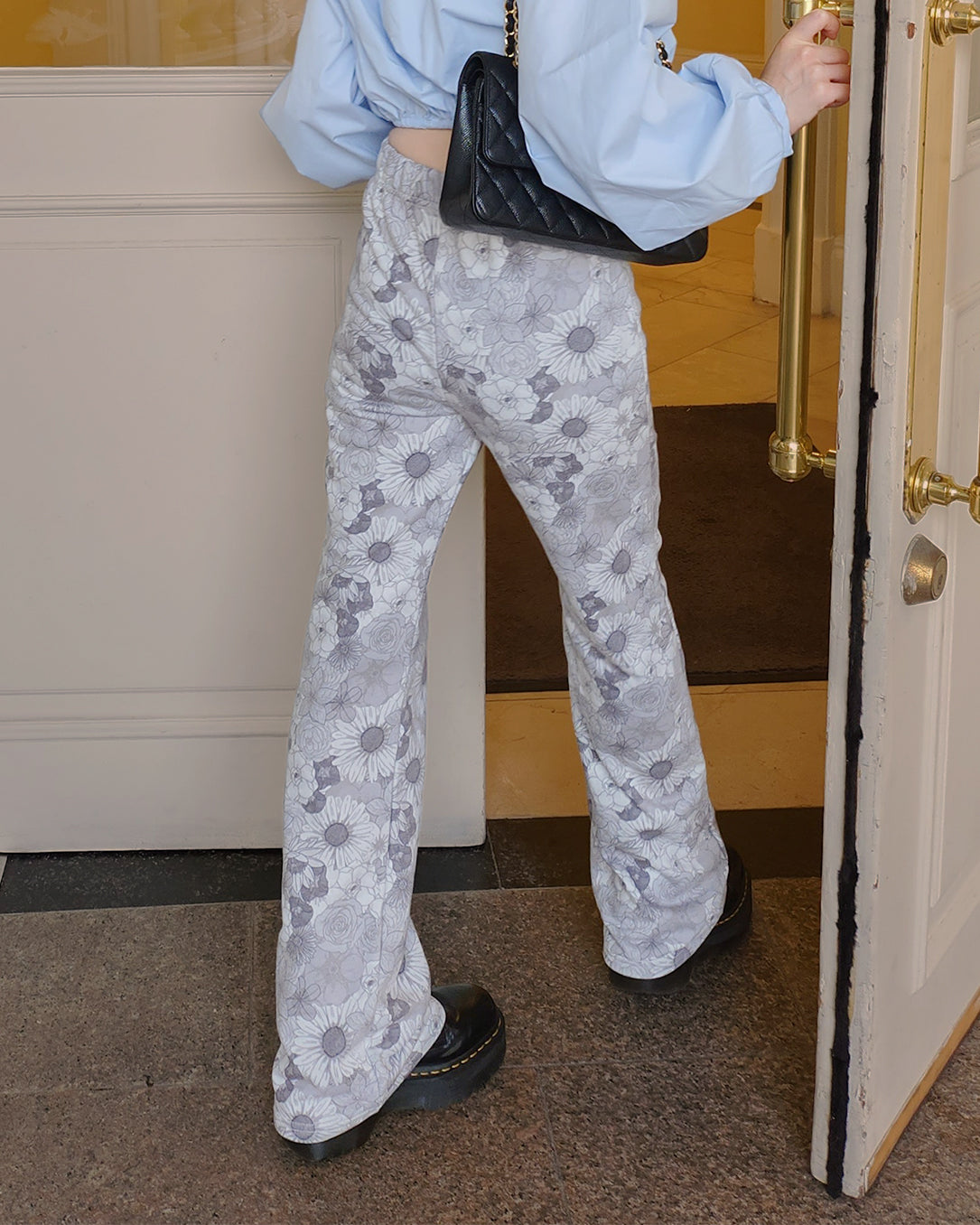 flower pattern boot cut sweat pants
