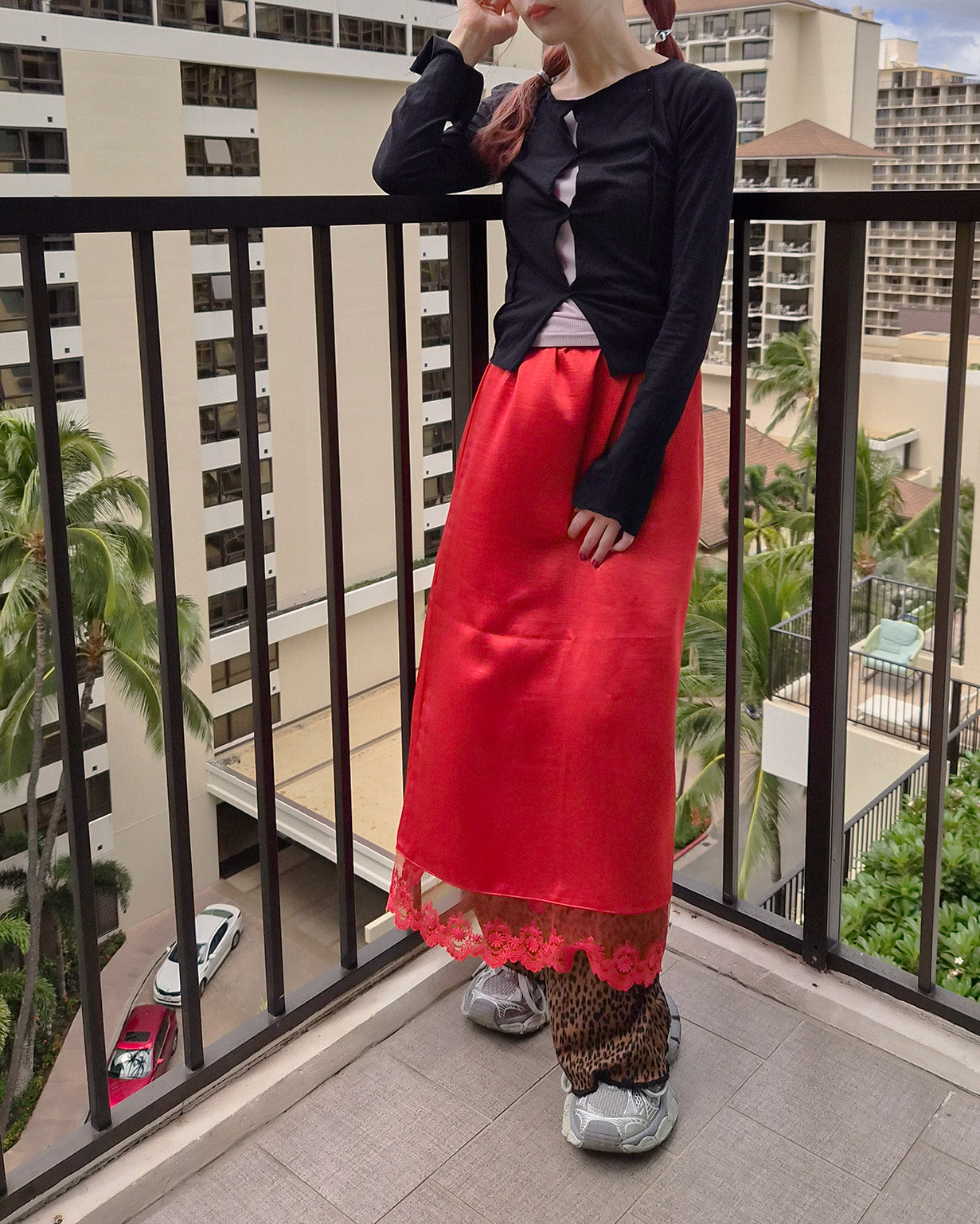 satin lace point long skirt