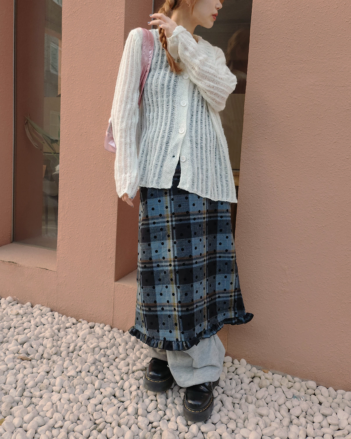 dot check frill middle skirt