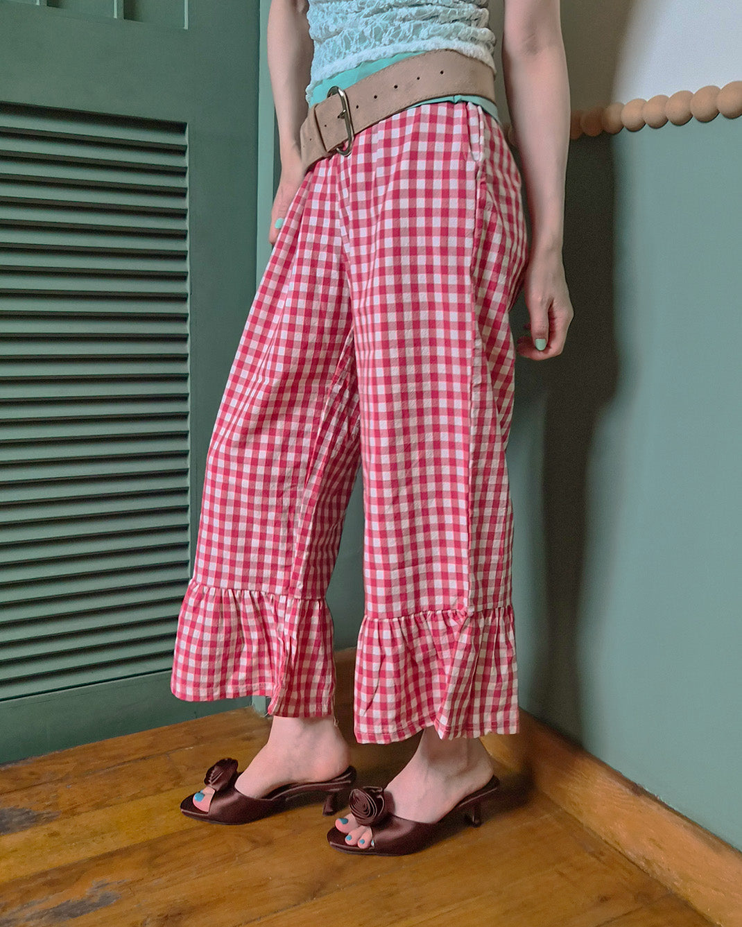 gingham check hem frill pants