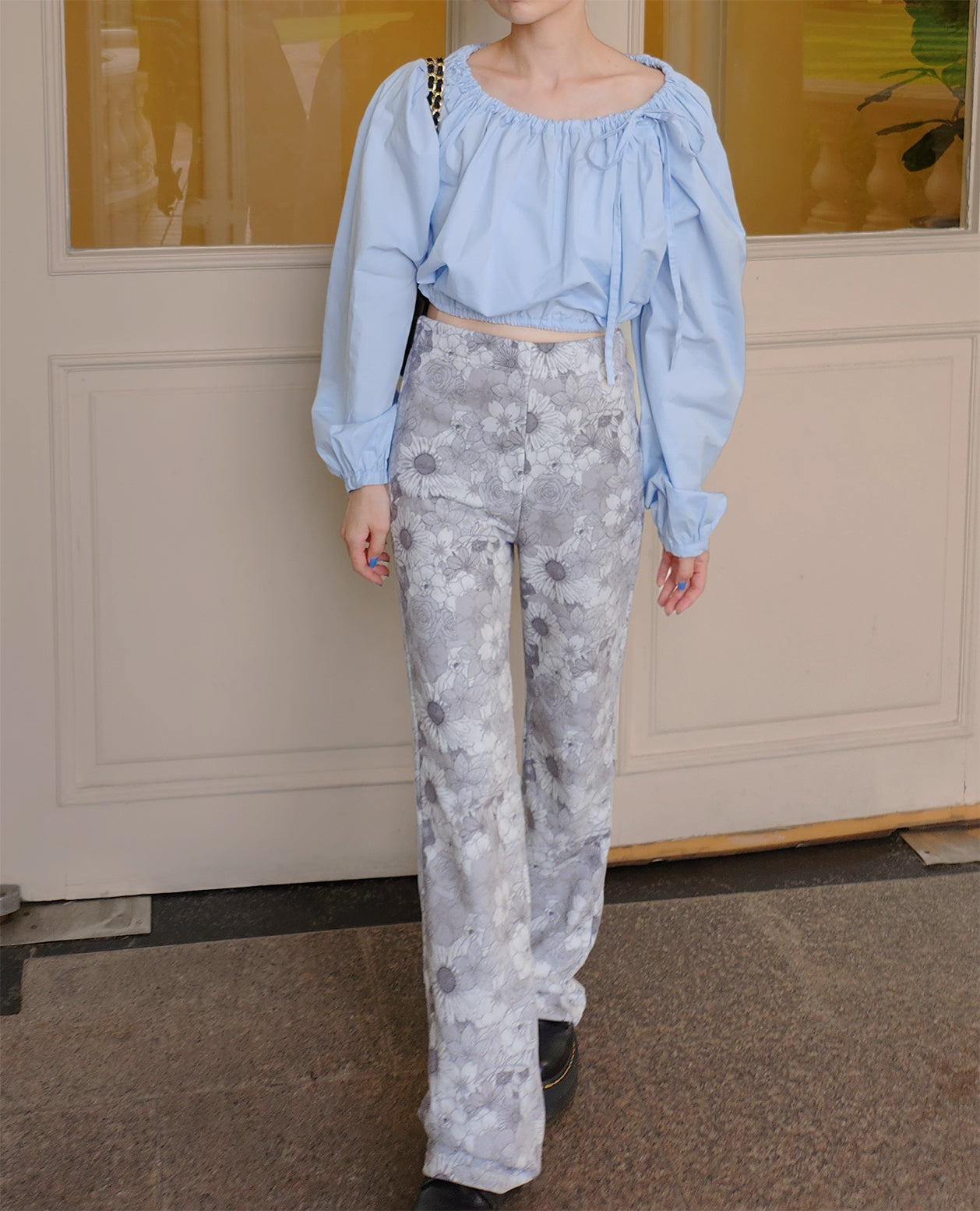 flower pattern boot cut sweat pants