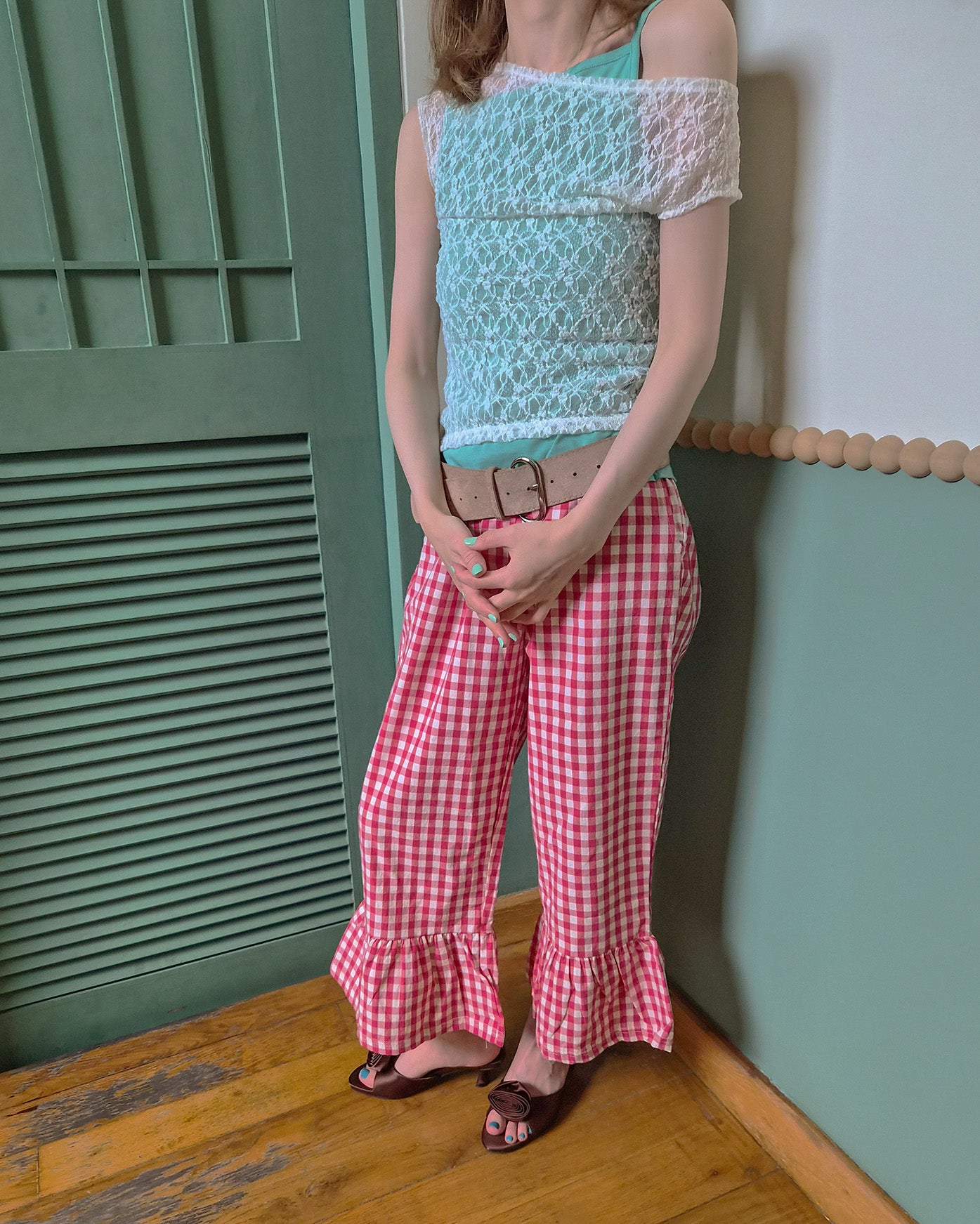 gingham check hem frill pants