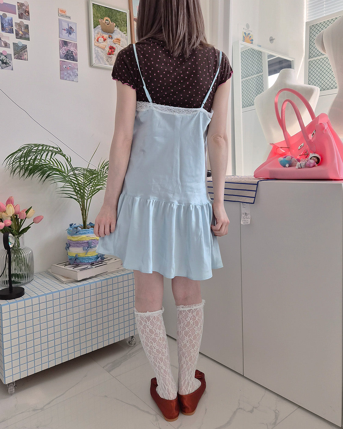 lace satin flare mini dress