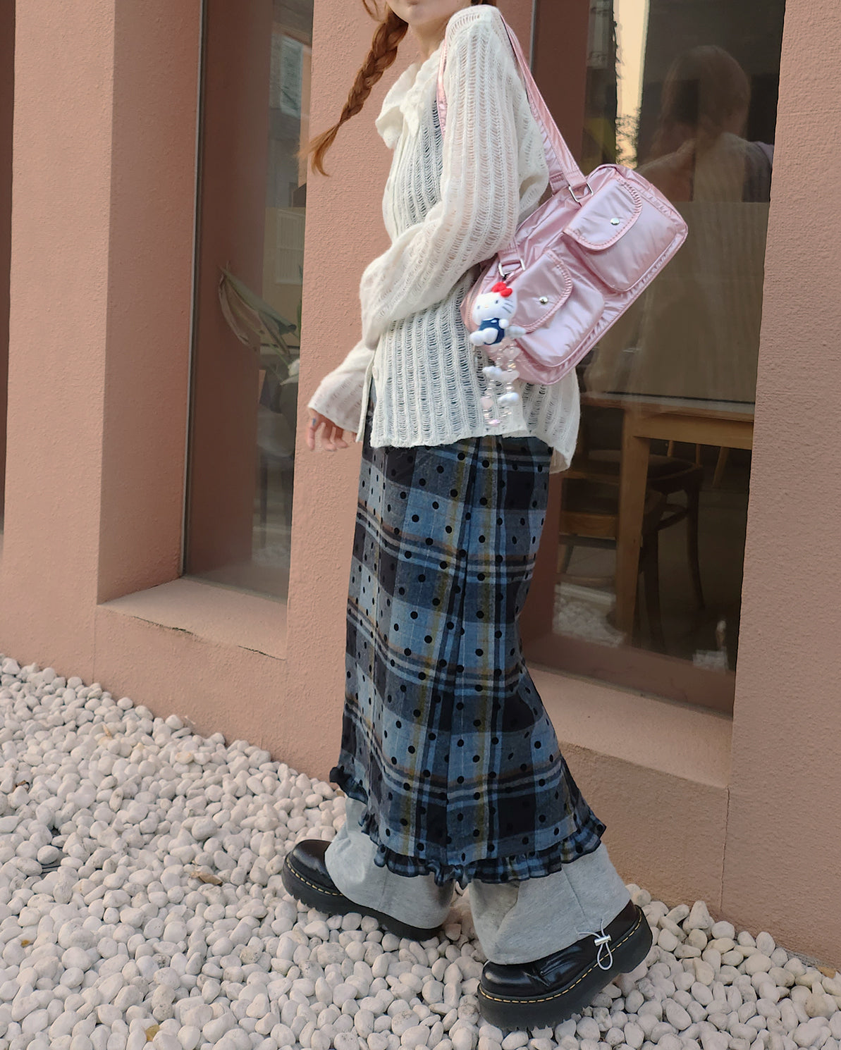 dot check frill middle skirt