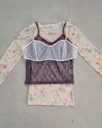 blurred flower sheer long sleeve T