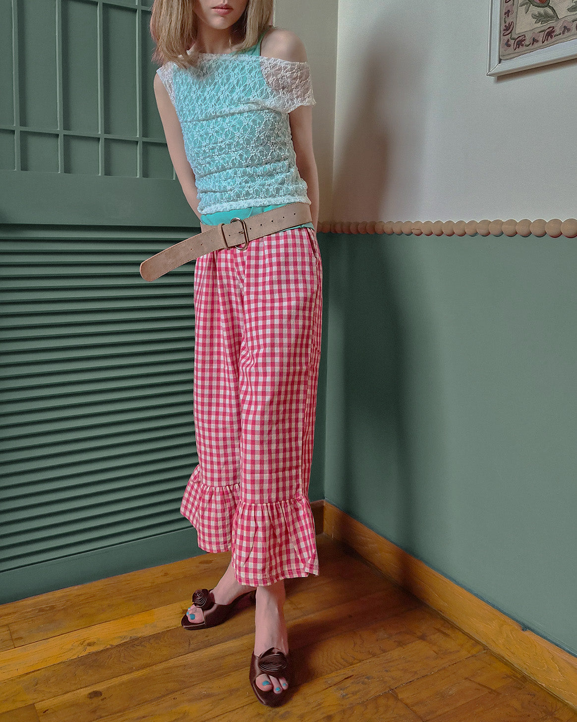 gingham check hem frill pants