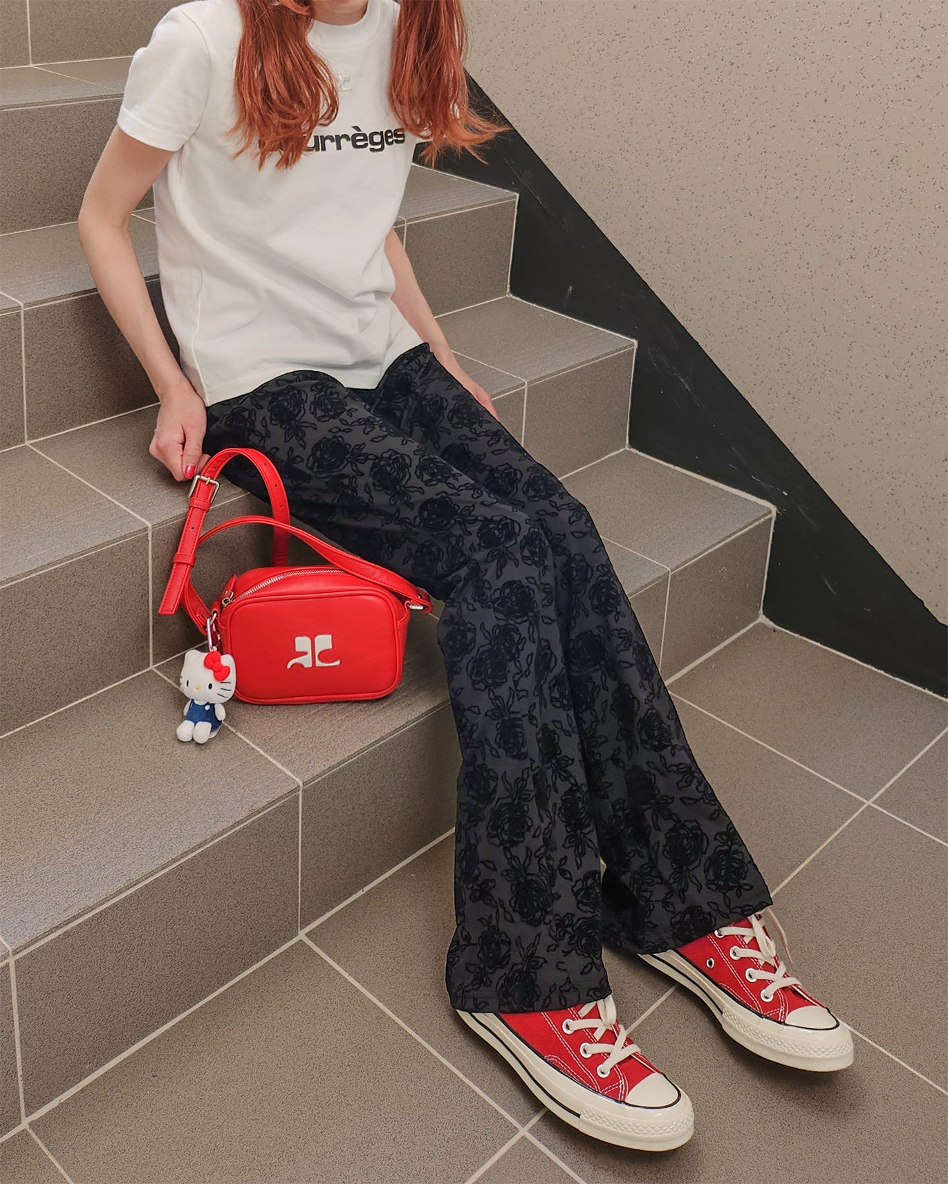 rose pattern boot cut pants