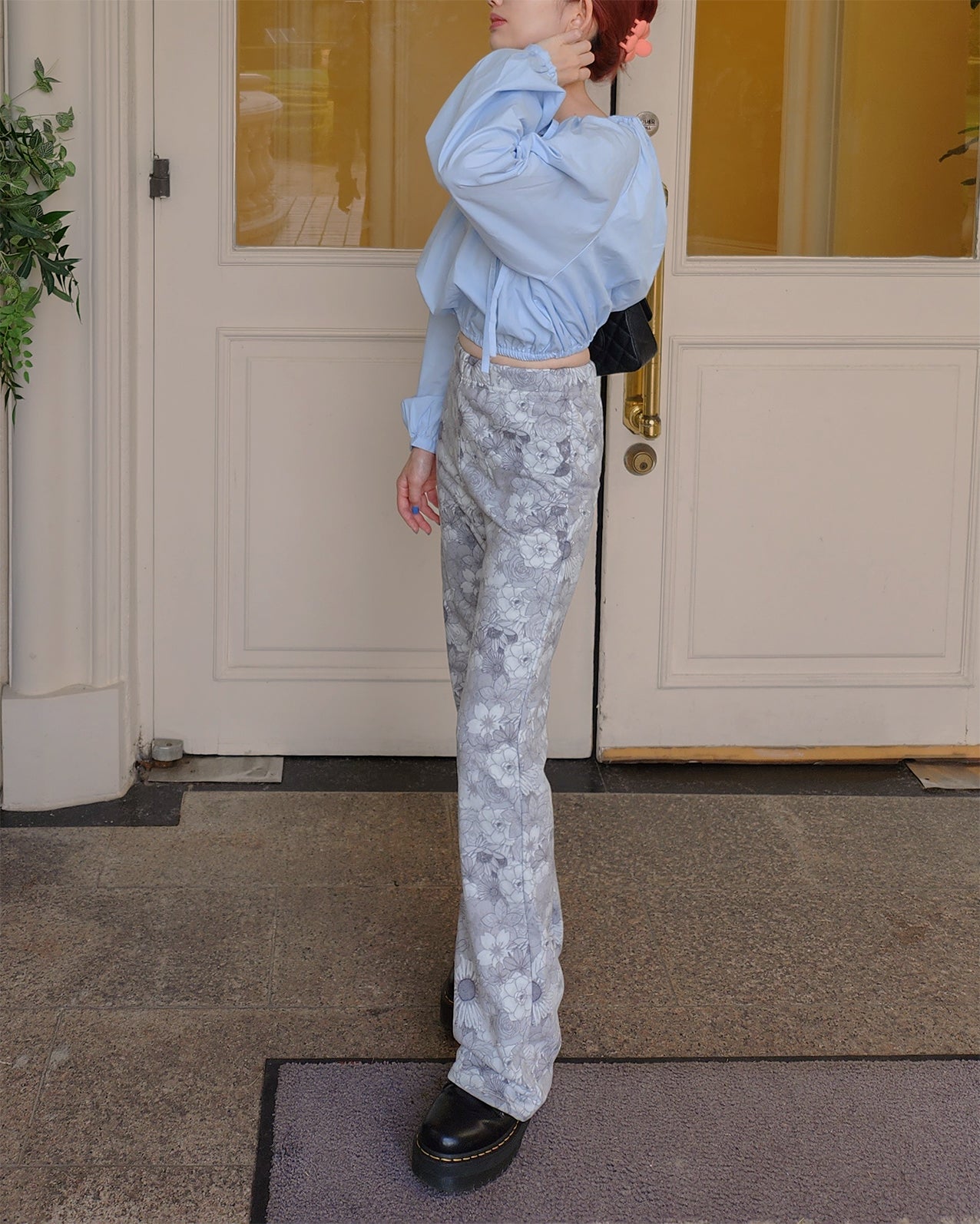 flower pattern boot cut sweat pants