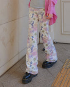 flower pattern boot cut sweat pants