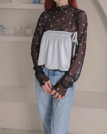 rose pattern sheer high neck T