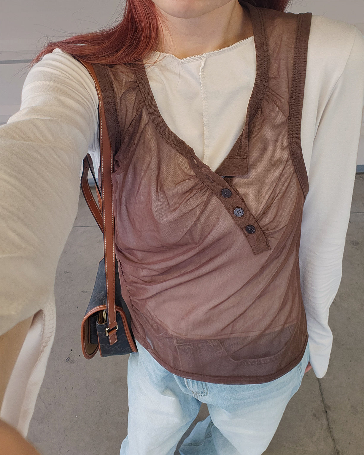 henry neck sheer sleeve less top