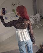 rose pattern sheer high neck T
