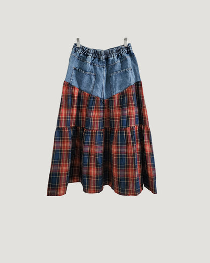 denim switching check skirt