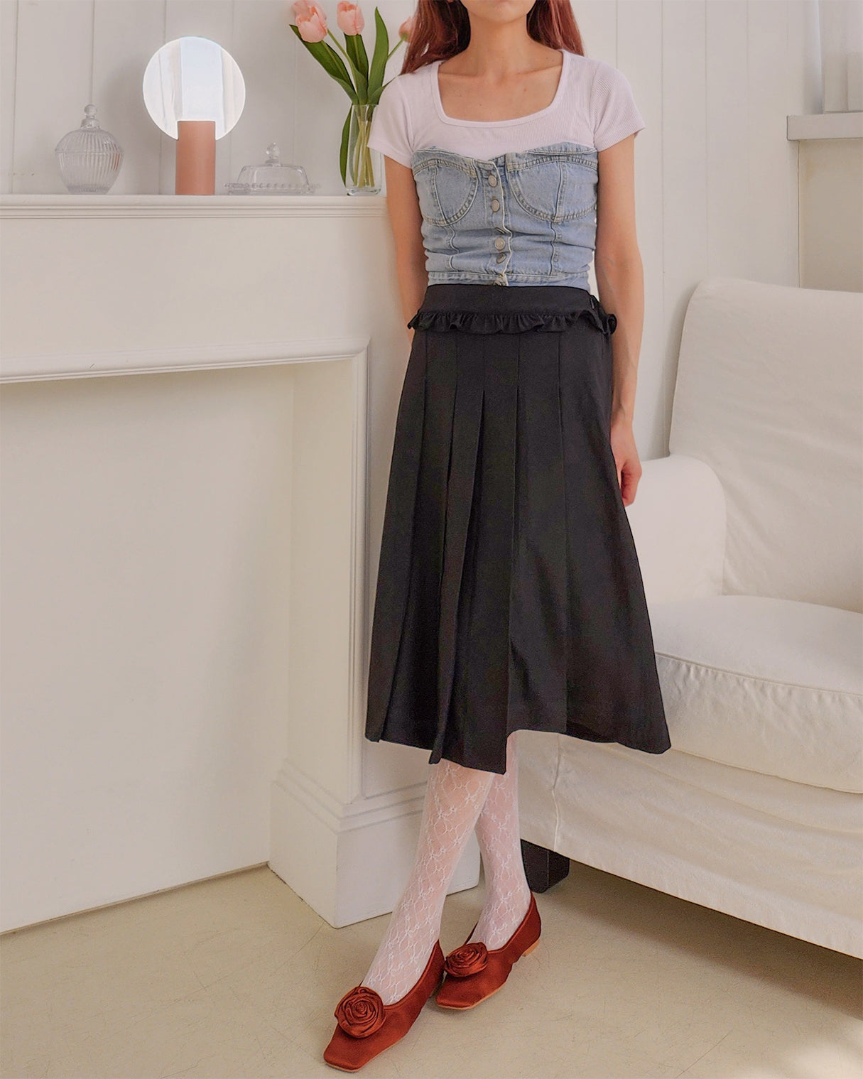 waist frill pleats middle skirt