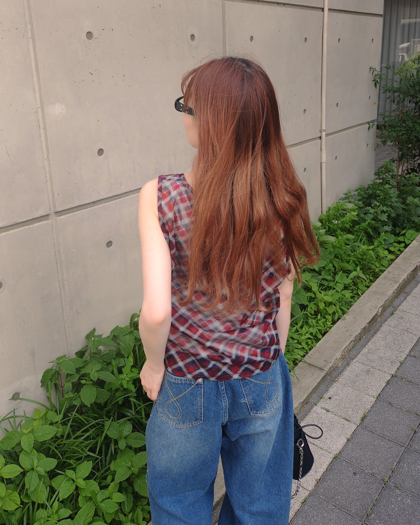 sheer check sleeve less top