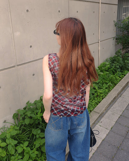 sheer check sleeve less top