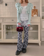 short puff sleeve frill knit cardigan