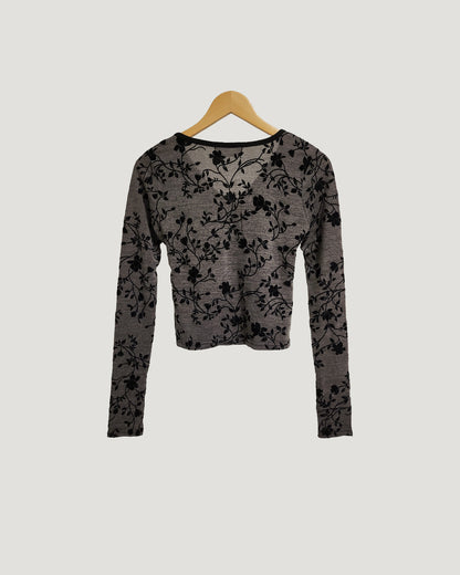 rose velvet pattern V neck top