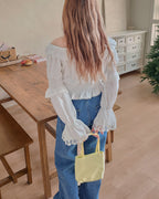 off shoulder shirring flared sleeves blouse