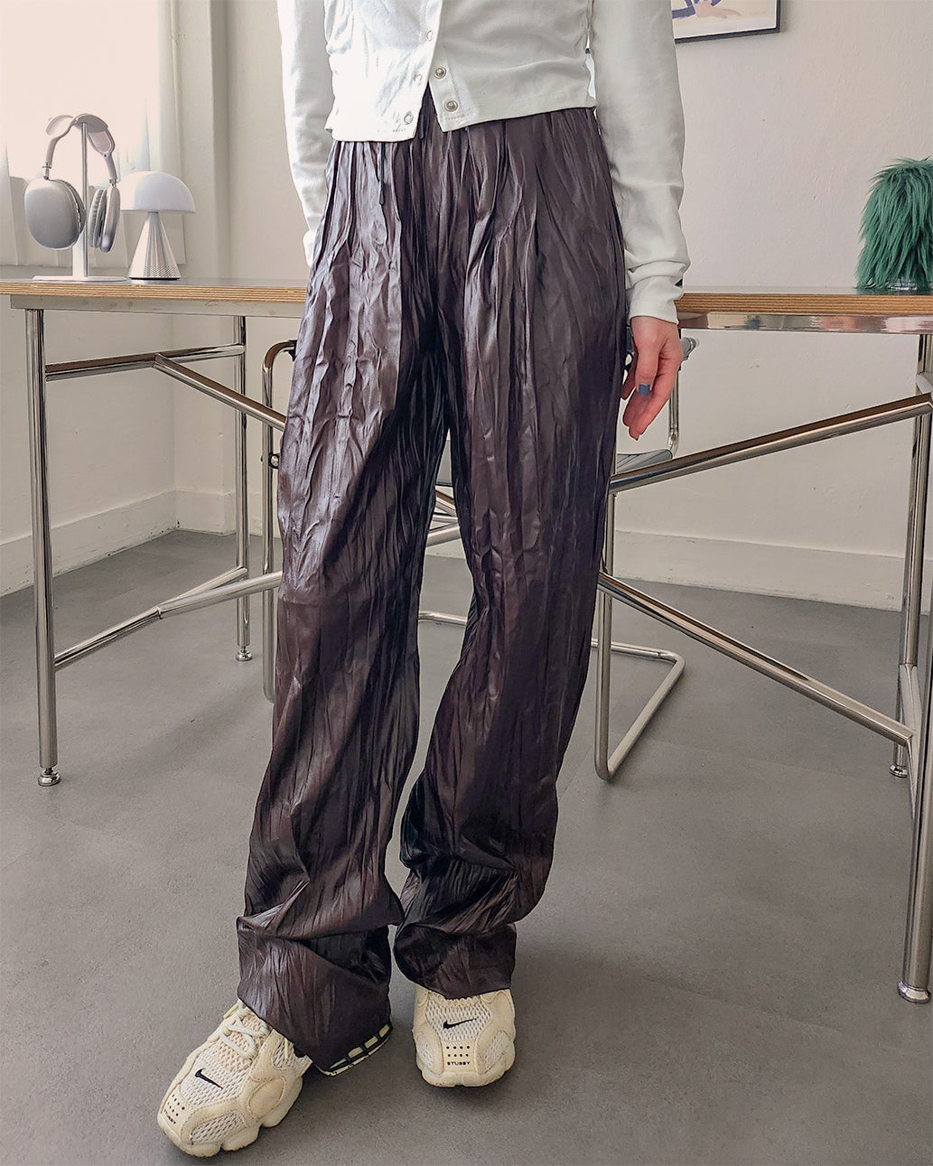 wrinkle faux leather wide pants
