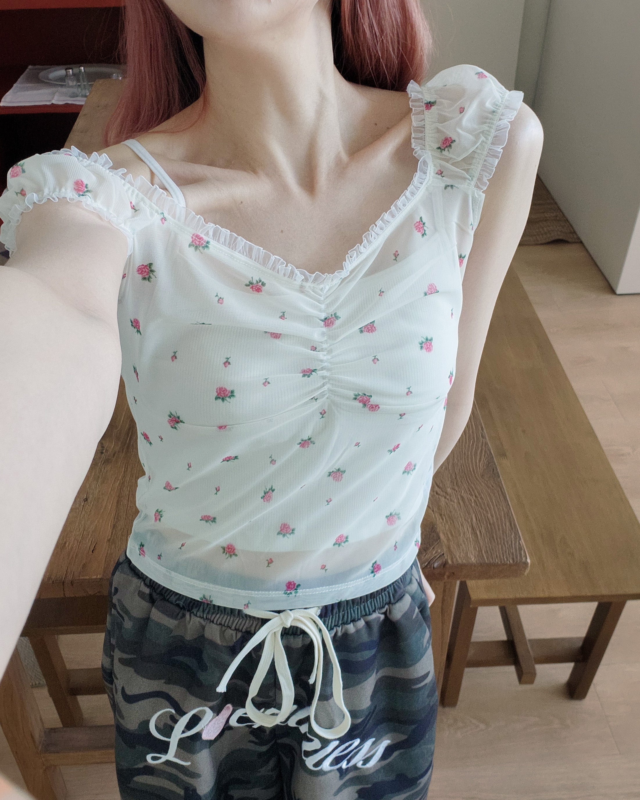 flower sheer puff blouse