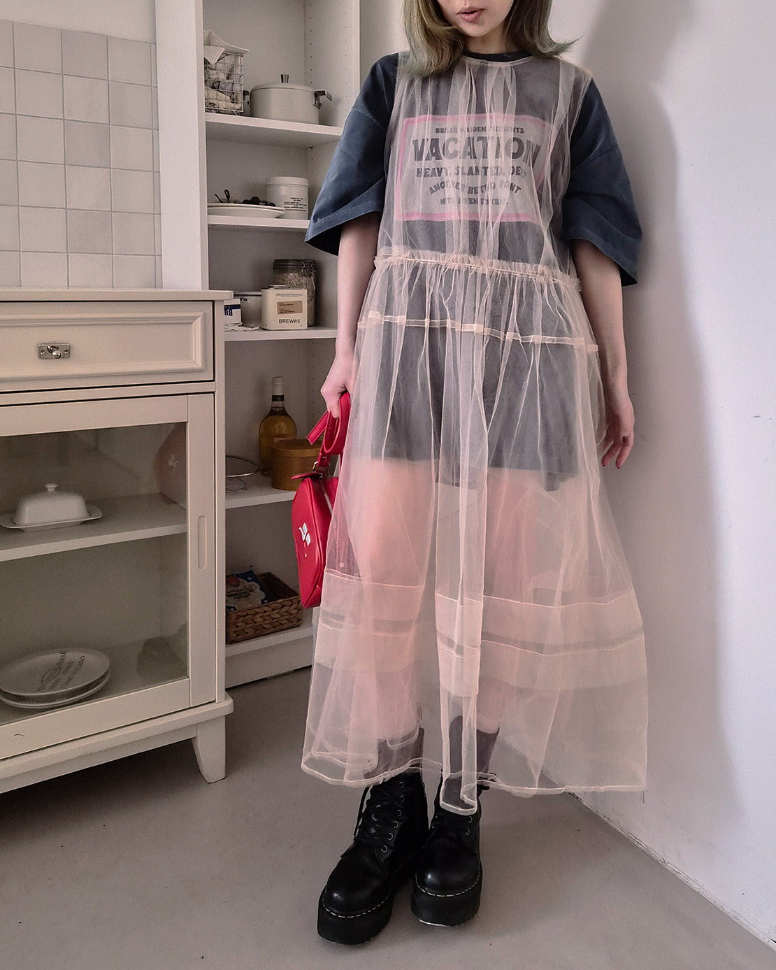 sheer layered waist frill tulle dress