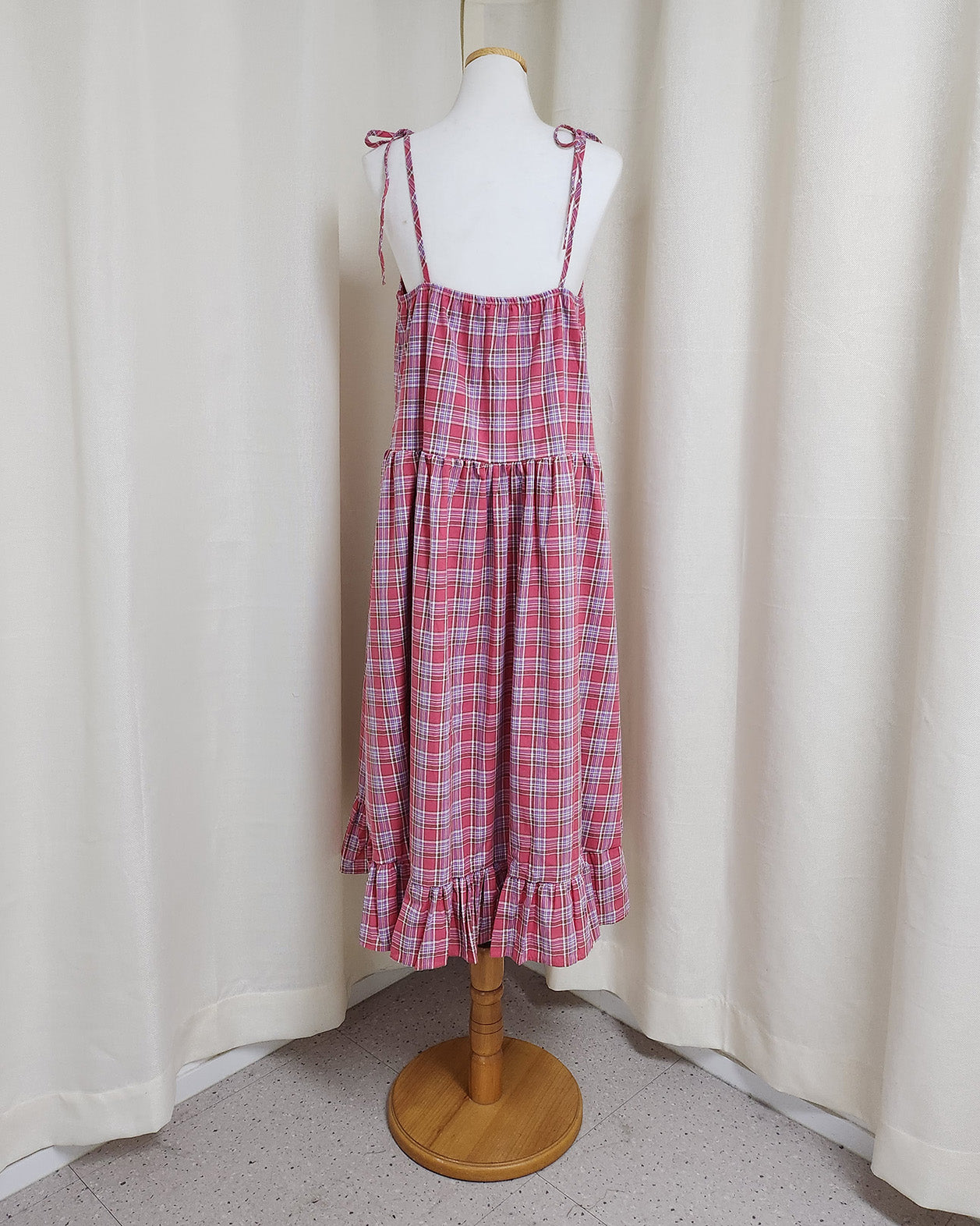 check frill belt long dress