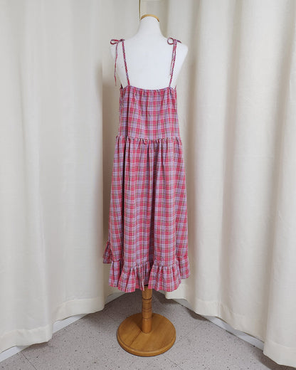 check frill belt long dress