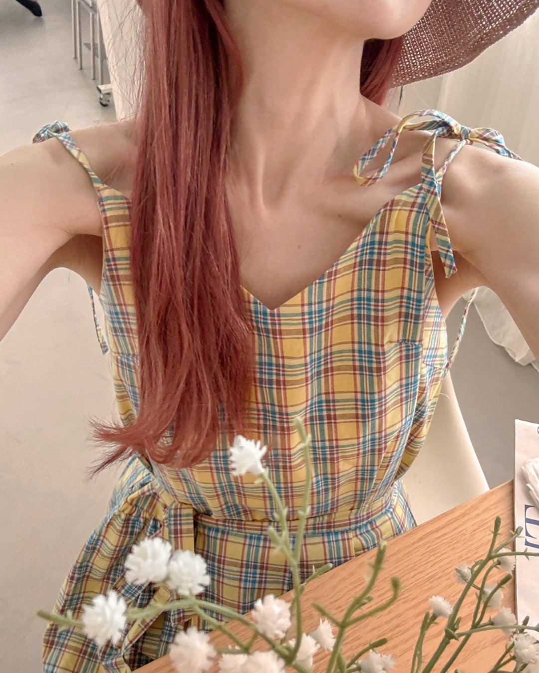 check frill belt long dress